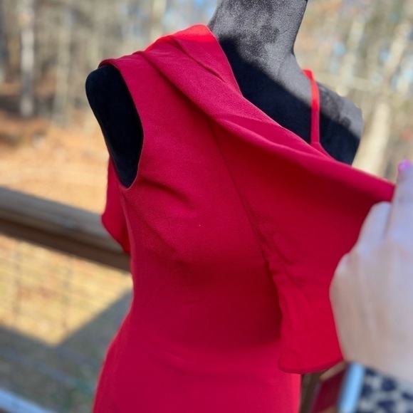 Dress The Population Red Beth Fitted Midi Dress One Shoulder Ruffle Valentines - Picture 4 of 7